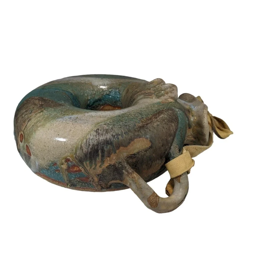 Vintage Drip Glaze Ceramic Hanging Water Jug Donut Jug Bottle Canteen - Picture 3 of 9